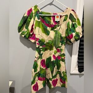 FARM Rio Leaf Print Mini Dress in Green and Pink